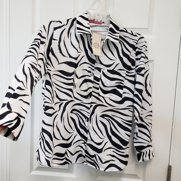 Polo Bonetta, NWT, white black zebra print long sleeve button down blouse, L/XL - Picture 6 of 11